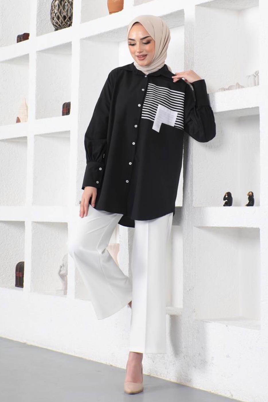 Tesettür giyim SİYAH ÇİZGİLİ CEP DETAYLI GÖMLEK TUNİK T 34516