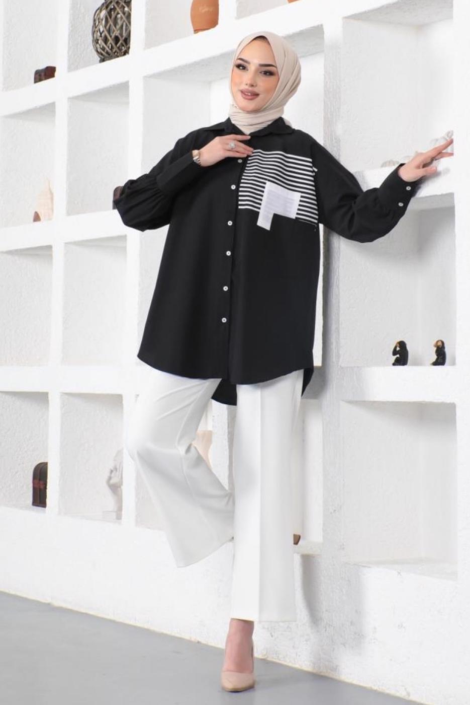 Tesettür giyim SİYAH ÇİZGİLİ CEP DETAYLI GÖMLEK TUNİK T 34516