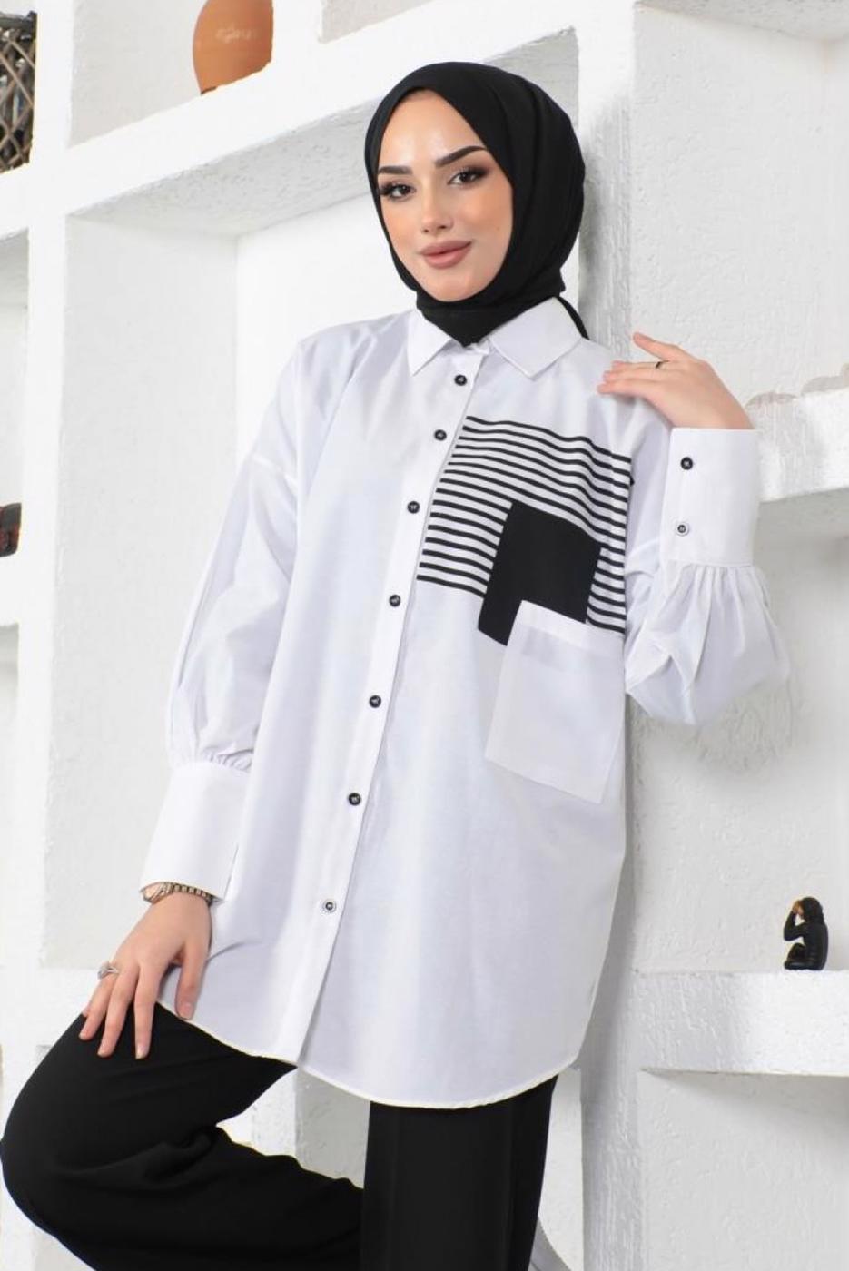 Tesettür giyim BEYAZ ÇİZGİLİ CEP DETAYLI GÖMLEK TUNİK T 34516
