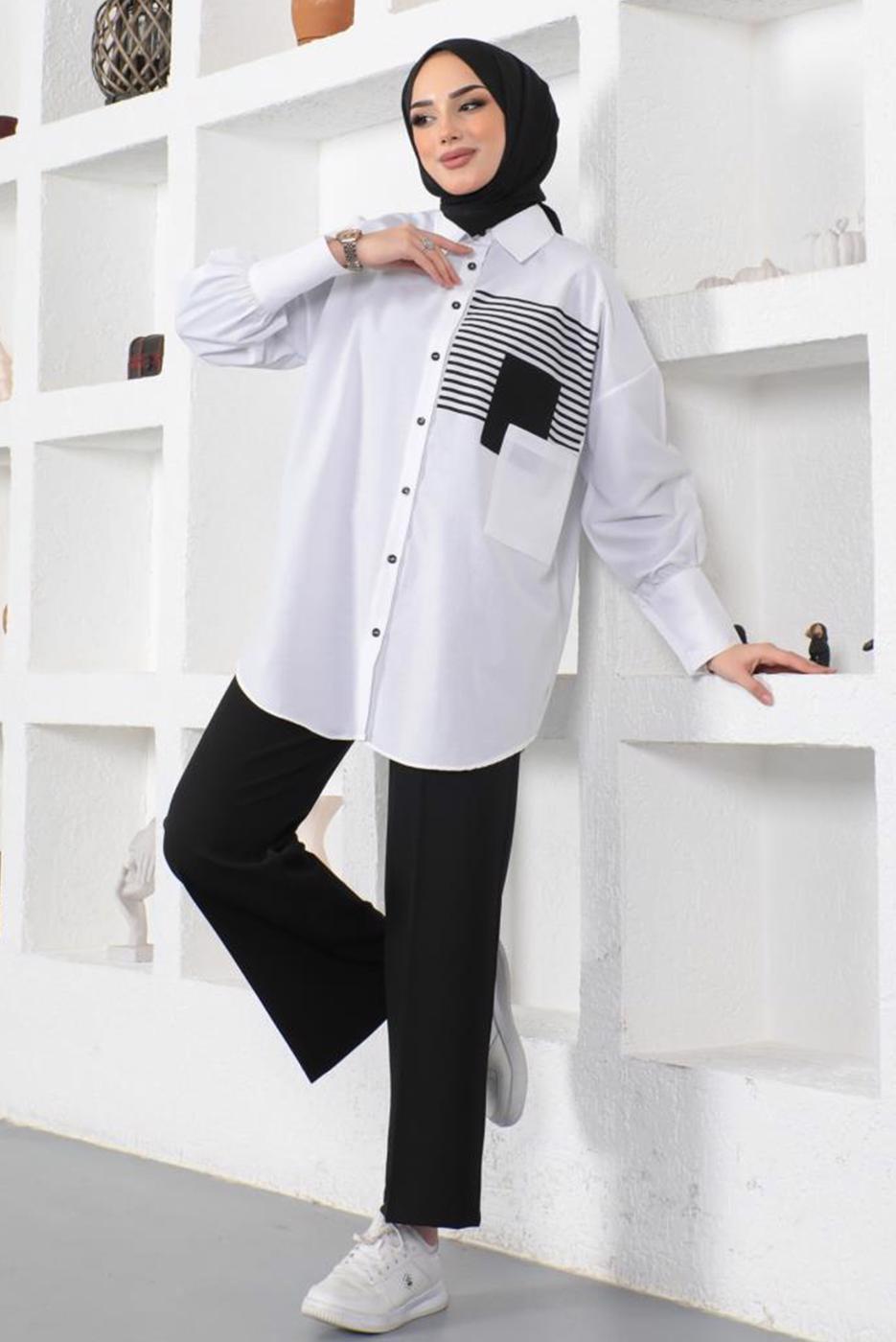 Tesettür giyim BEYAZ ÇİZGİLİ CEP DETAYLI GÖMLEK TUNİK T 34516