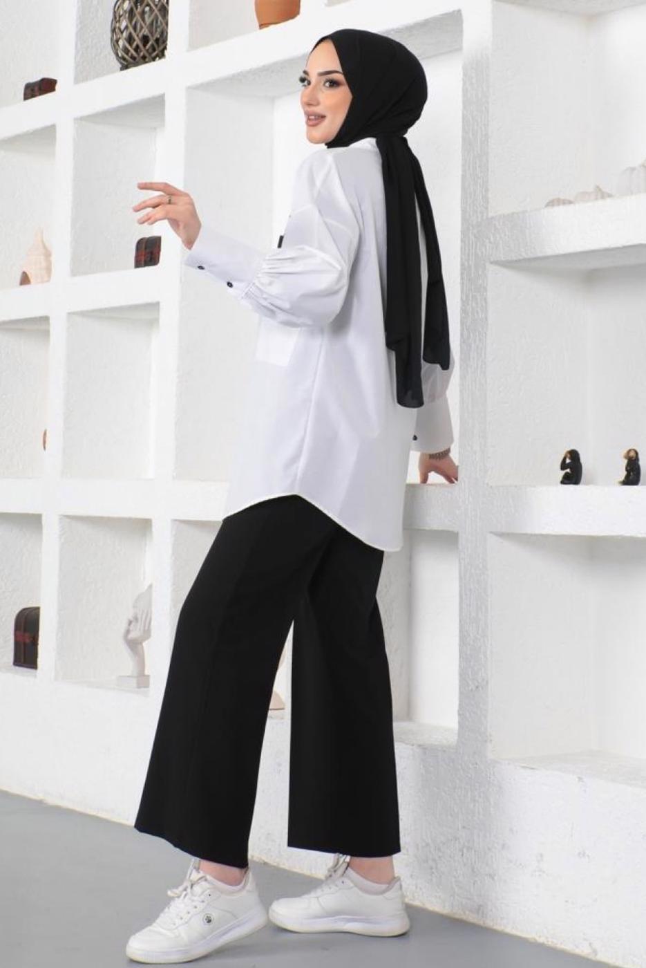 Tesettür giyim BEYAZ ÇİZGİLİ CEP DETAYLI GÖMLEK TUNİK T 34516