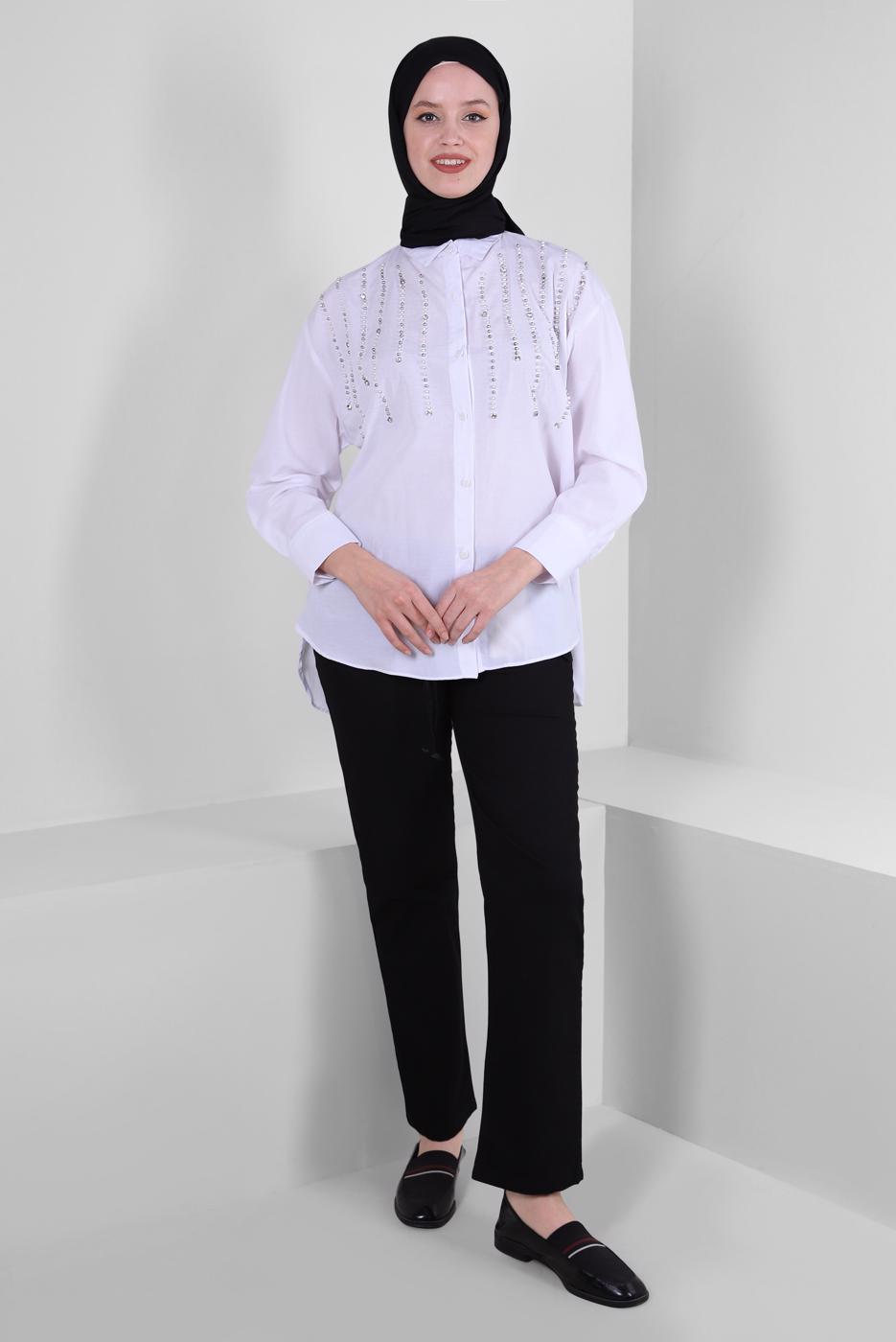 Vêtements hijab BLANC TUNIQUE BOUTONNÉE DÉTAIL PERLES T 3502