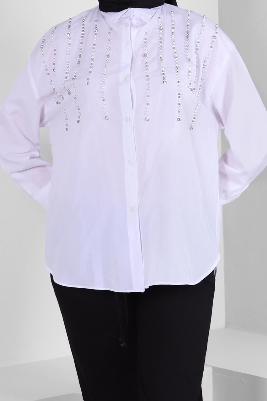 Vêtements hijab BLANC TUNIQUE BOUTONNÉE DÉTAIL PERLES T 3502