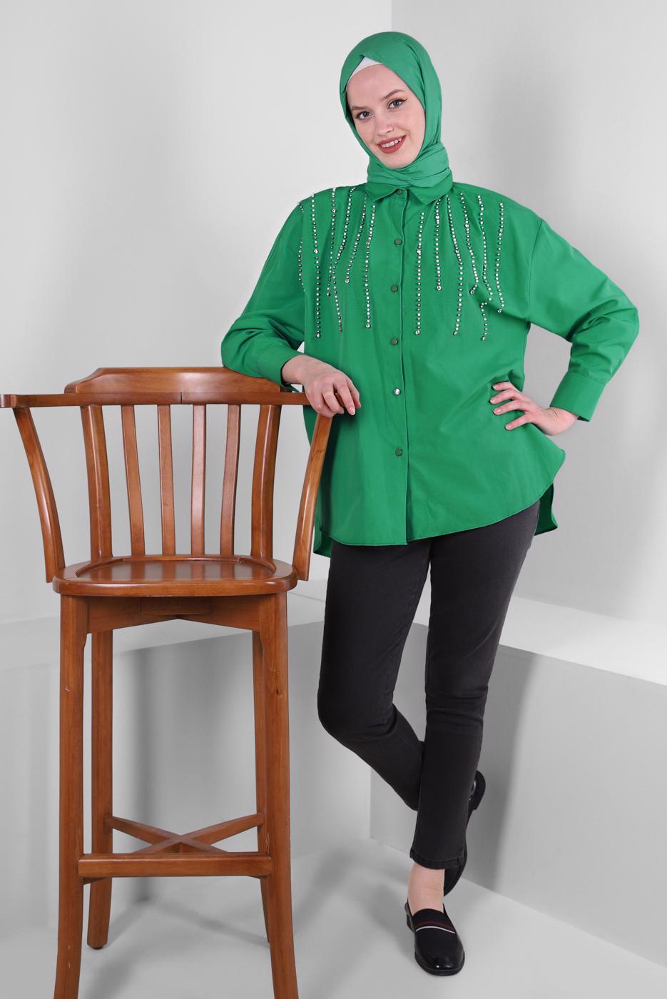 Vêtements hijab VERT TUNIQUE BOUTONNÉE DÉTAIL PERLES T 3502