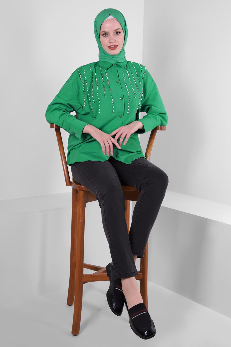 Vêtements hijab VERT TUNIQUE BOUTONNÉE DÉTAIL PERLES T 3502