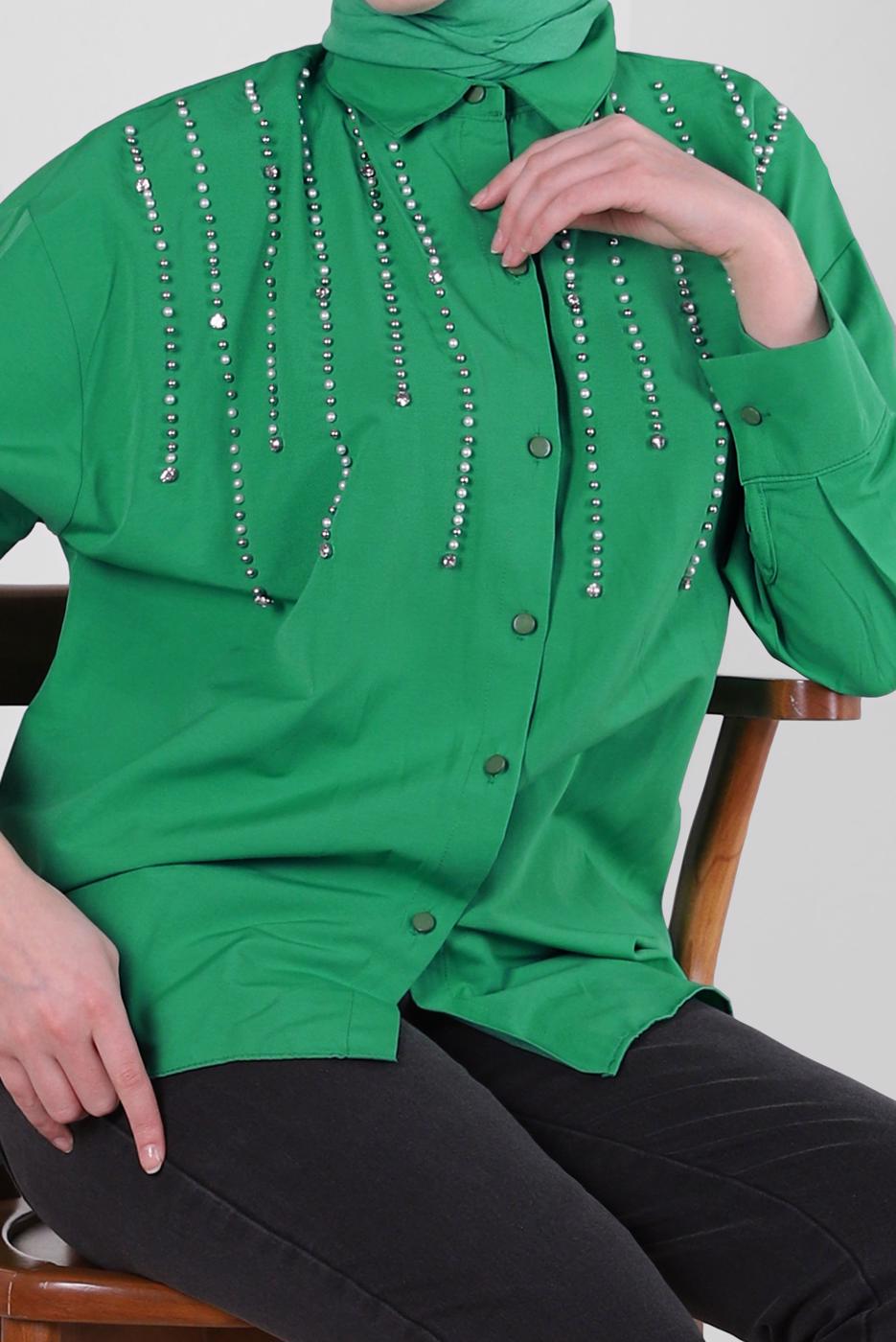 Vêtements hijab VERT TUNIQUE BOUTONNÉE DÉTAIL PERLES T 3502