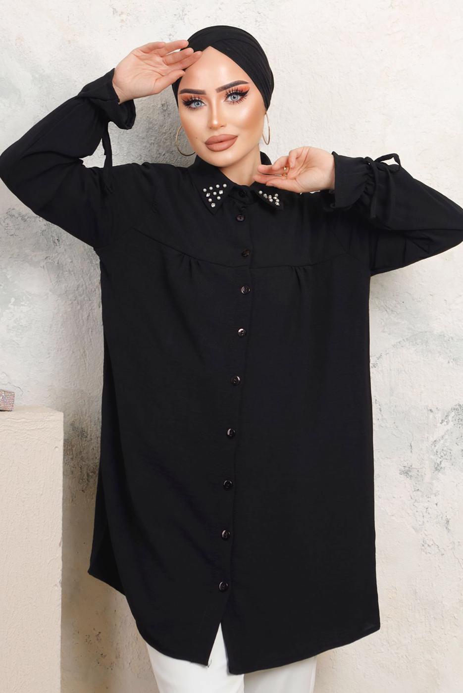 Tesettür giyim SİYAH YAKASI TAŞLI AEROBİN GÖMLEK TUNİK T 3703 