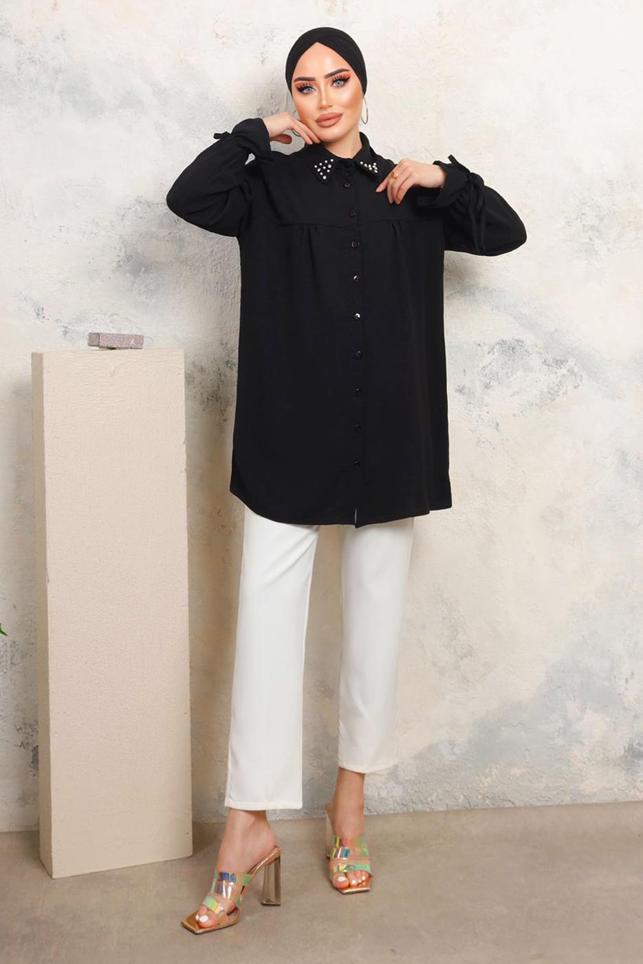 Tesettür giyim SİYAH YAKASI TAŞLI AEROBİN GÖMLEK TUNİK T 3703 
