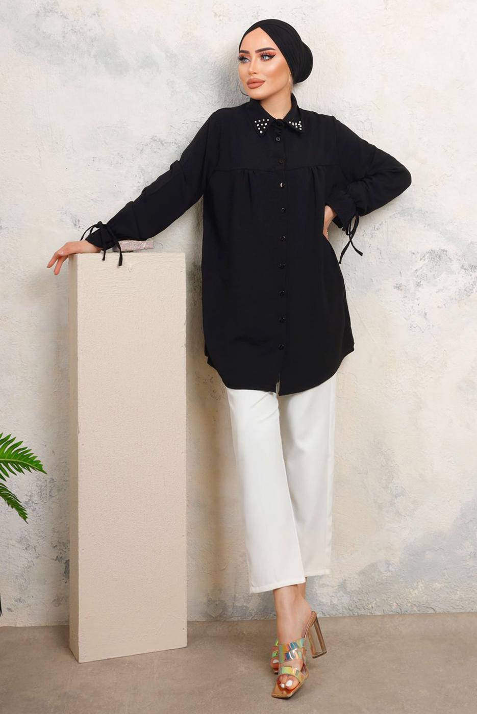Tesettür giyim SİYAH YAKASI TAŞLI AEROBİN GÖMLEK TUNİK T 3703 