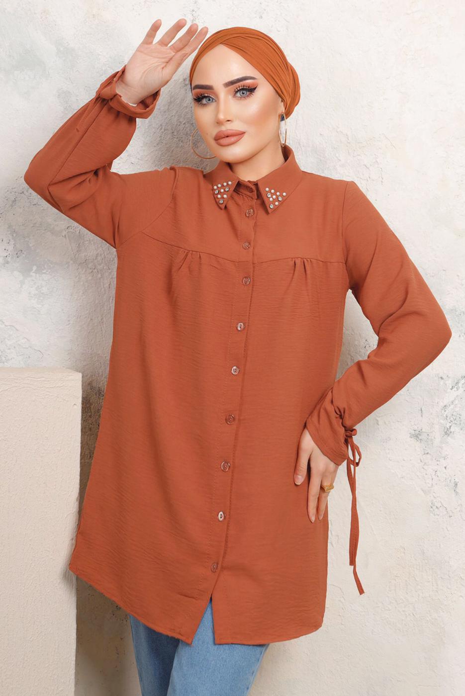 Tesettür giyim KAHVE YAKASI TAŞLI AEROBİN GÖMLEK TUNİK T 3703 