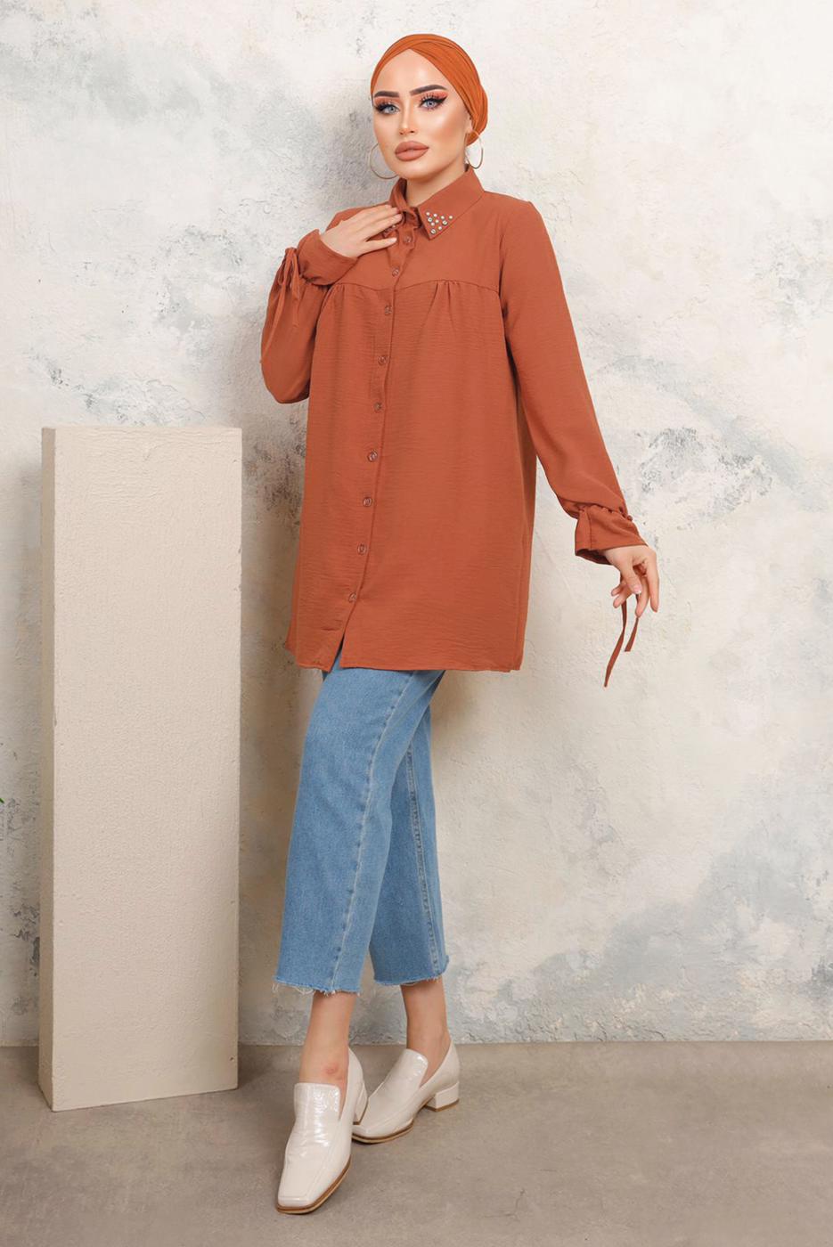 Tesettür giyim KAHVE YAKASI TAŞLI AEROBİN GÖMLEK TUNİK T 3703 
