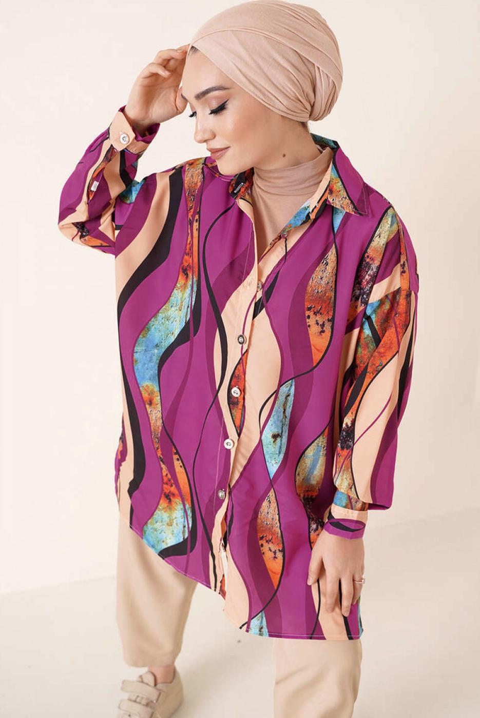 Tesettür giyim MOR DESENLİ GÖMLEK TUNİK T 3988
