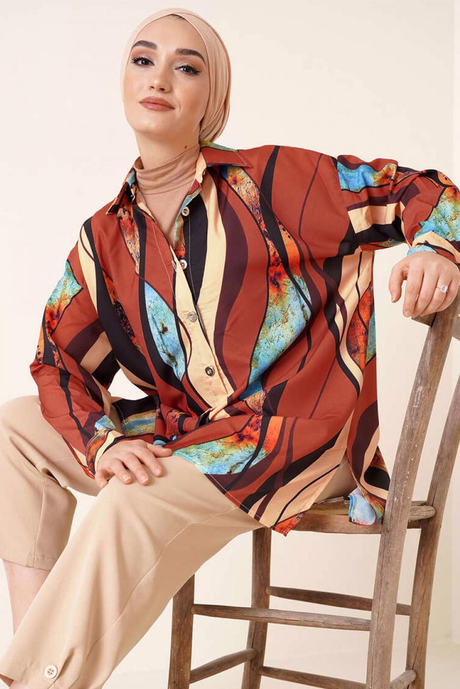 Tesettür giyim KAHVE DESENLİ GÖMLEK TUNİK T 3988