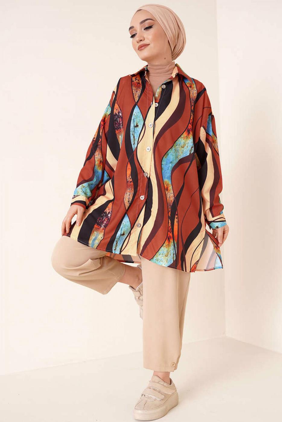 Tesettür giyim KAHVE DESENLİ GÖMLEK TUNİK T 3988