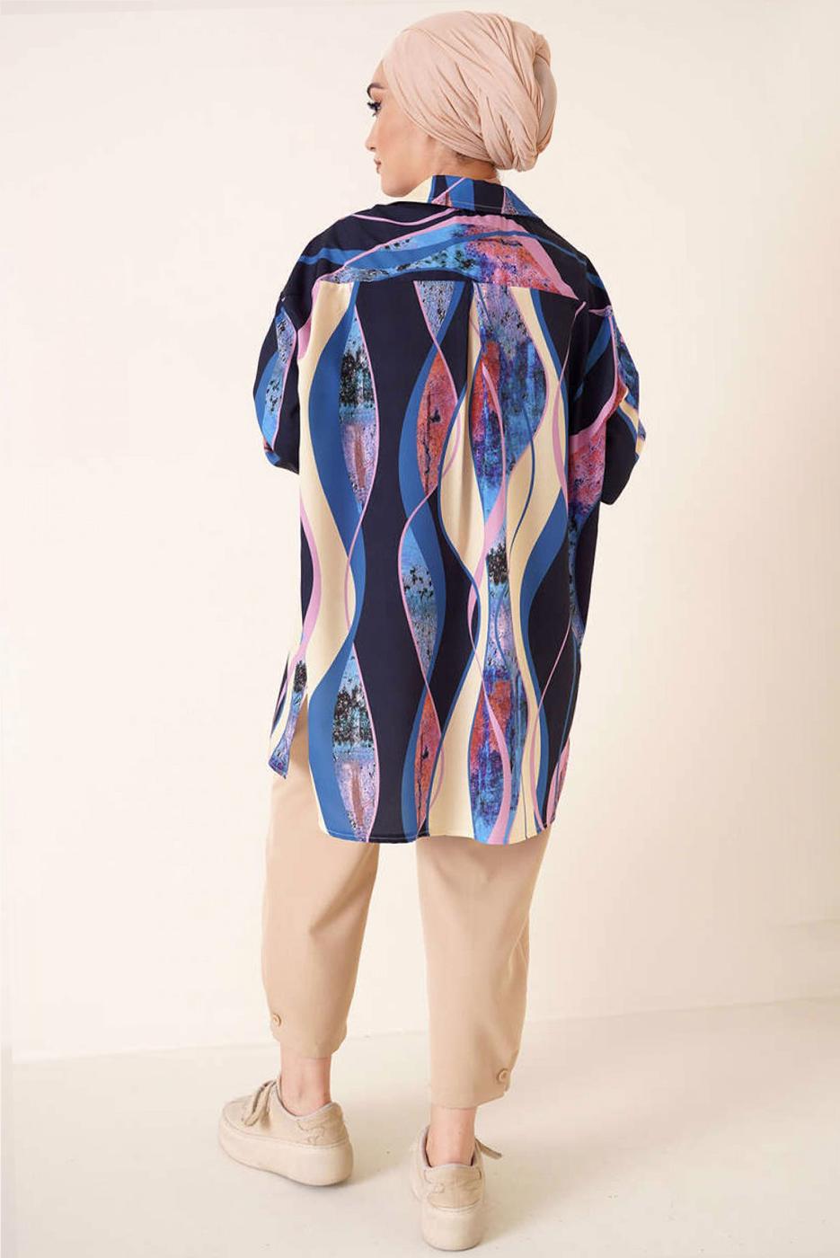 Tesettür giyim LACİVERT DESENLİ GÖMLEK TUNİK T 3988