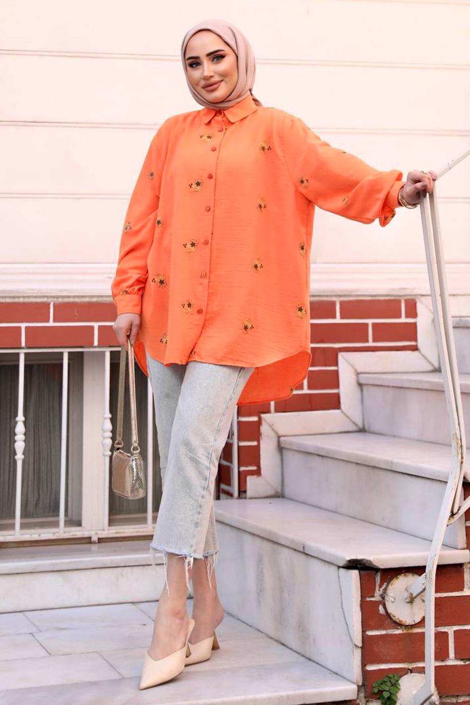 Tesettür giyim TURUNCU ÇİÇEK NAKIŞLI SALAŞ GÖMLEK TUNİK T 40032