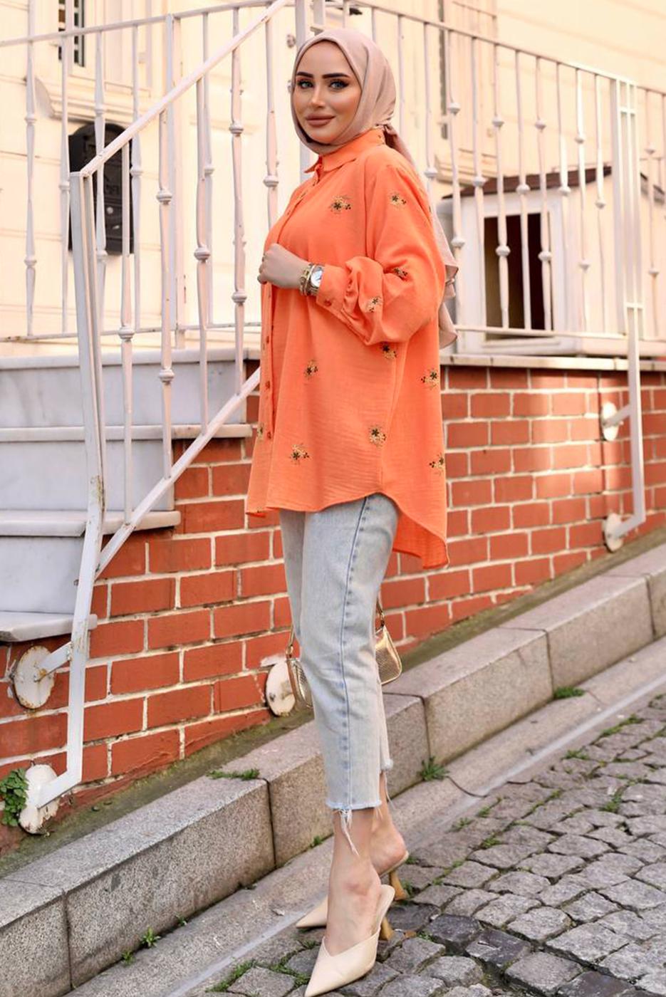 Tesettür giyim TURUNCU ÇİÇEK NAKIŞLI SALAŞ GÖMLEK TUNİK T 40032