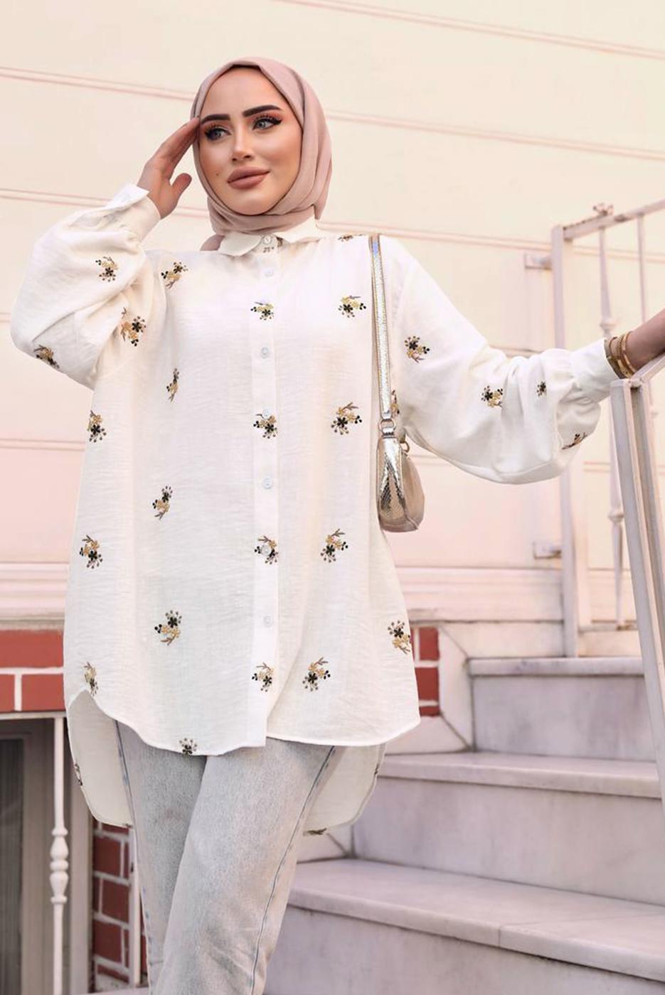 Tesettür giyim EKRU ÇİÇEK NAKIŞLI SALAŞ GÖMLEK TUNİK T 40032