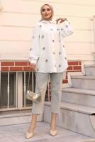 Tesettür giyim EKRU ÇİÇEK NAKIŞLI SALAŞ GÖMLEK TUNİK T 40032