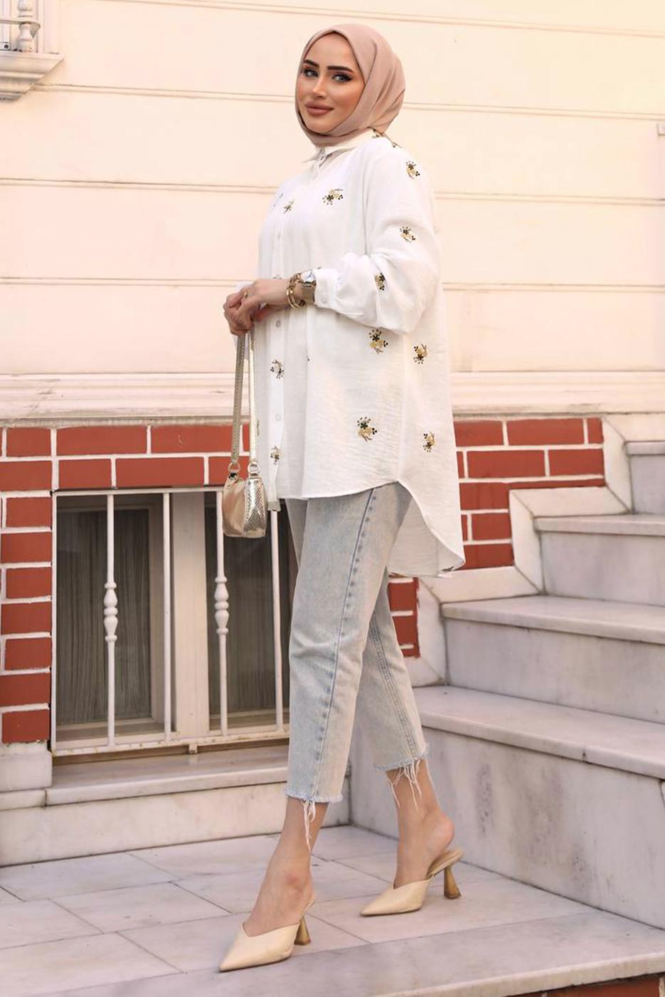 Tesettür giyim EKRU ÇİÇEK NAKIŞLI SALAŞ GÖMLEK TUNİK T 40032