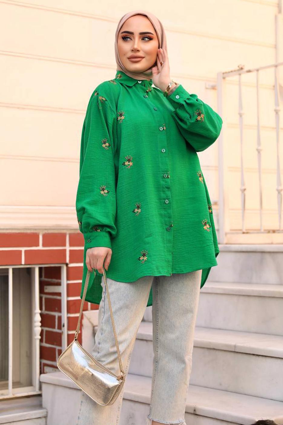 Tesettür giyim YEŞİL ÇİÇEK NAKIŞLI SALAŞ GÖMLEK TUNİK T 40032