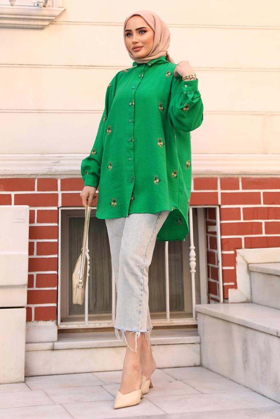 Tesettür giyim YEŞİL ÇİÇEK NAKIŞLI SALAŞ GÖMLEK TUNİK T 40032