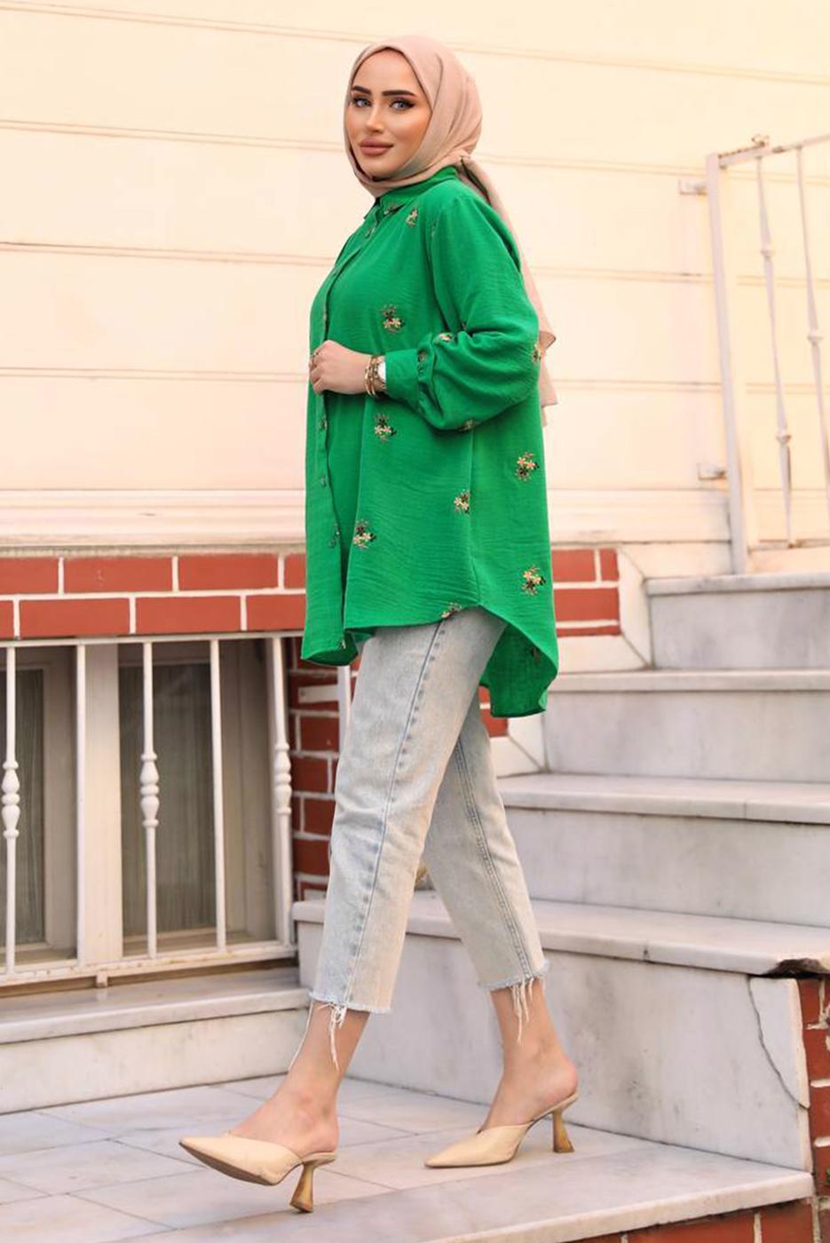 Tesettür giyim YEŞİL ÇİÇEK NAKIŞLI SALAŞ GÖMLEK TUNİK T 40032