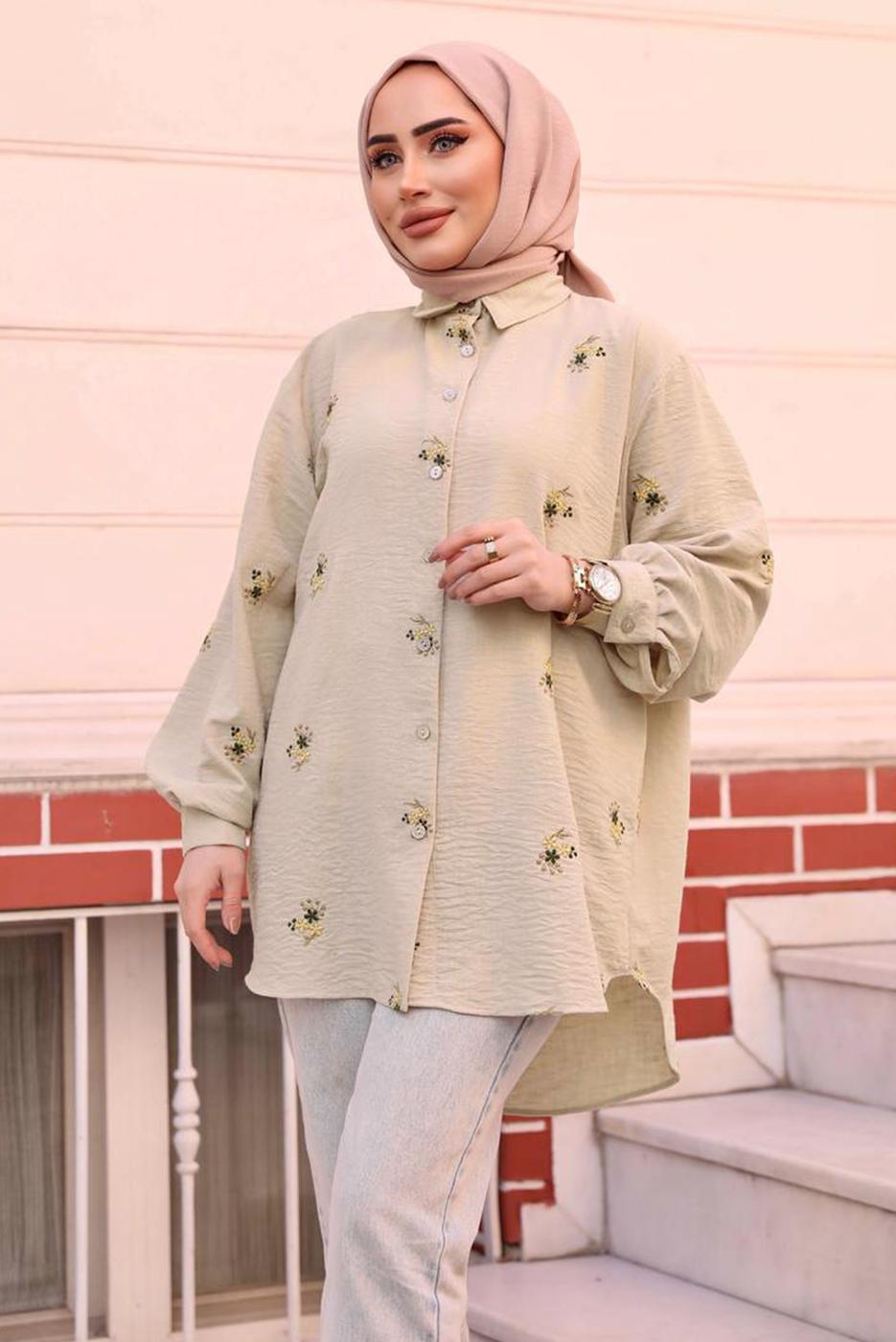 Tesettür giyim KUM ÇİÇEK NAKIŞLI SALAŞ GÖMLEK TUNİK T 40032