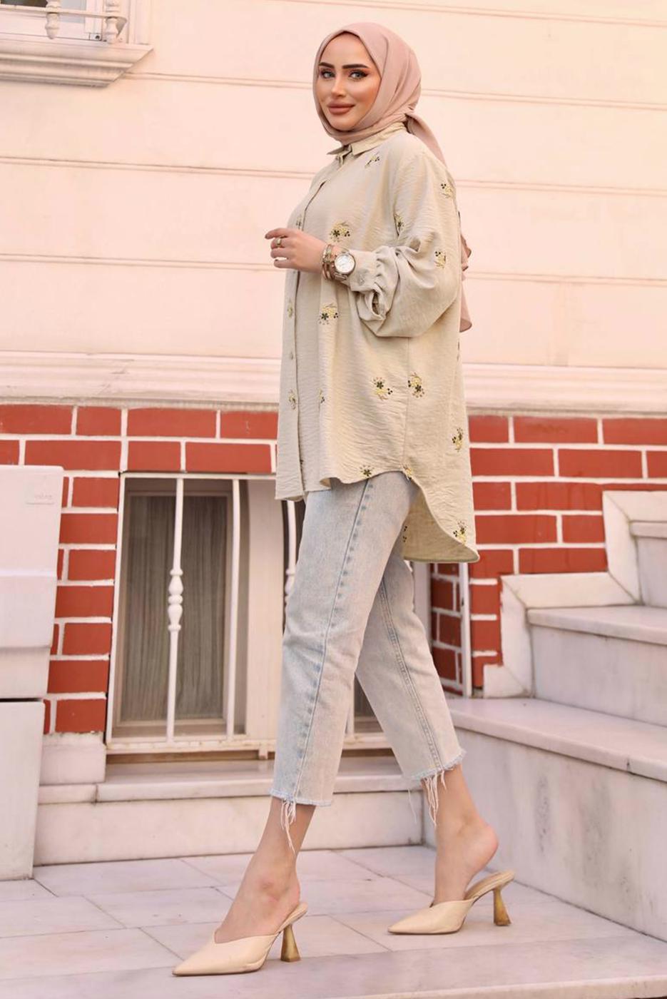 Tesettür giyim KUM ÇİÇEK NAKIŞLI SALAŞ GÖMLEK TUNİK T 40032