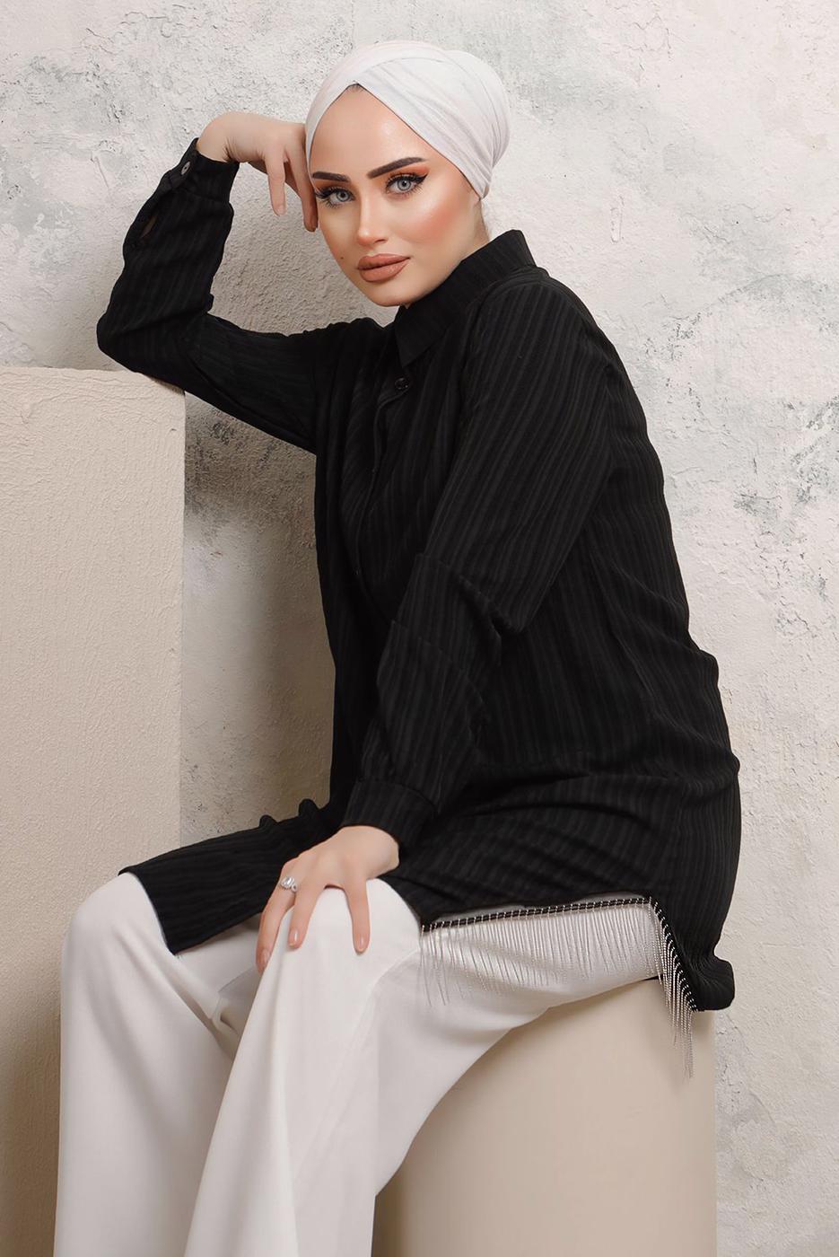 Tesettür giyim SİYAH YANLARI PÜSKÜL DETAYLI GÖMLEK TUNİK T 4103