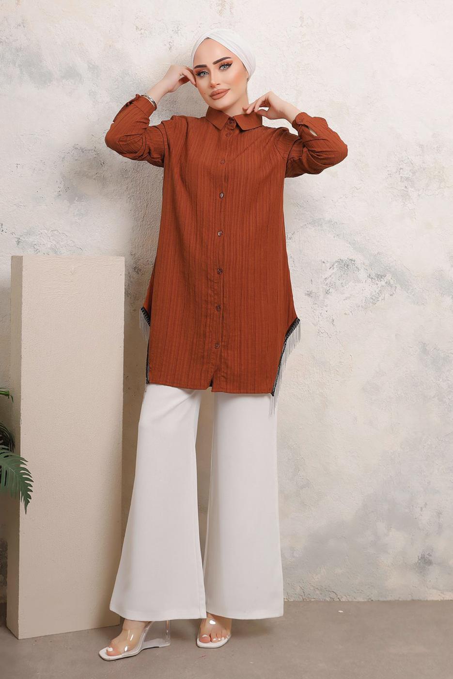 Tesettür giyim KAHVE YANLARI PÜSKÜL DETAYLI GÖMLEK TUNİK T 4103