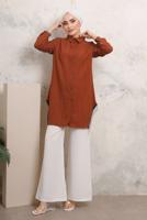 Tesettür giyim KAHVE YANLARI PÜSKÜL DETAYLI GÖMLEK TUNİK T 4103