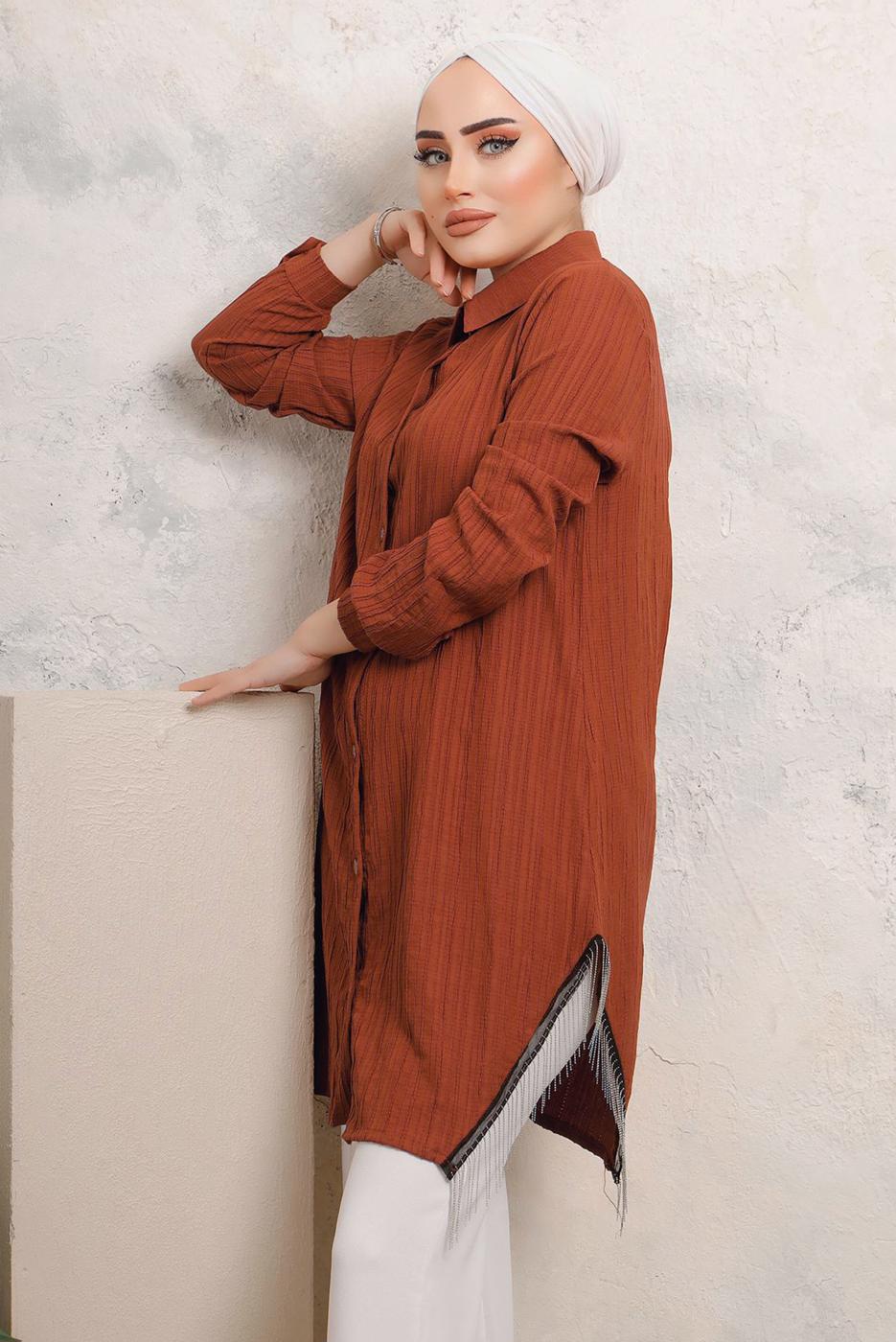Tesettür giyim KAHVE YANLARI PÜSKÜL DETAYLI GÖMLEK TUNİK T 4103