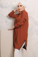 Tesettür giyim KAHVE YANLARI PÜSKÜL DETAYLI GÖMLEK TUNİK T 4103