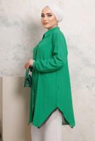Tesettür giyim YEŞİL YANLARI PÜSKÜL DETAYLI GÖMLEK TUNİK T 4103