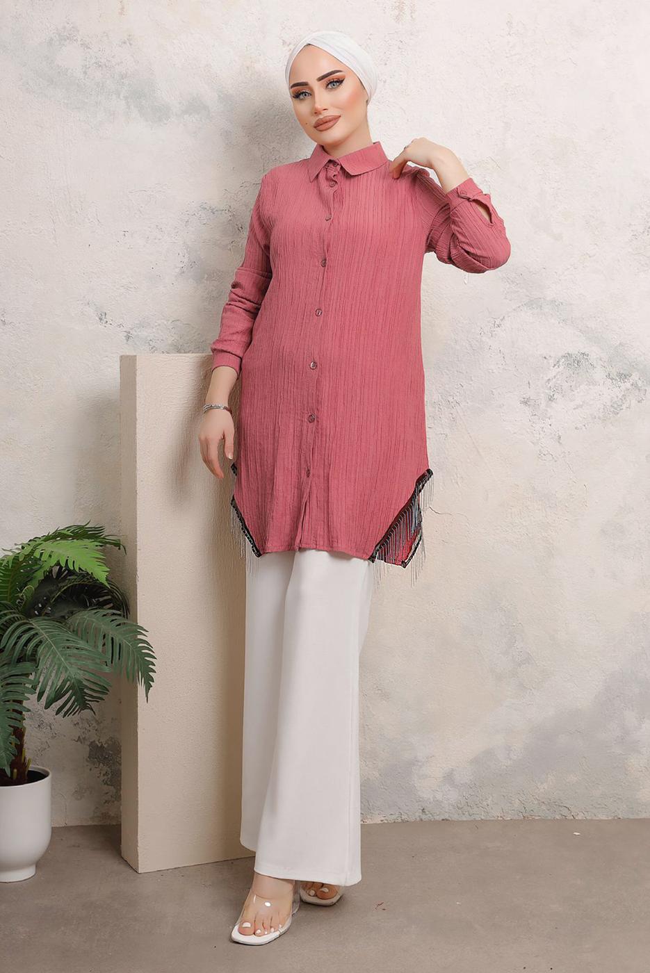 Tesettür giyim PEMBE YANLARI PÜSKÜL DETAYLI GÖMLEK TUNİK T 4103