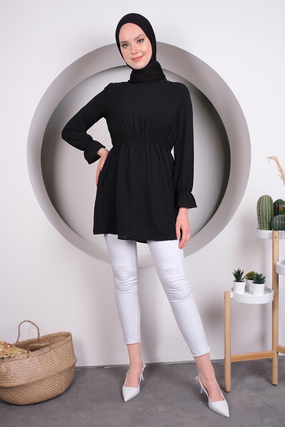 Tesettür giyim SİYAH MANŞETLERİ VOLANLI BELİ BÜZGÜLÜ TUNİK T 4120