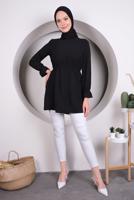 Tesettür giyim SİYAH MANŞETLERİ VOLANLI BELİ BÜZGÜLÜ TUNİK T 4120