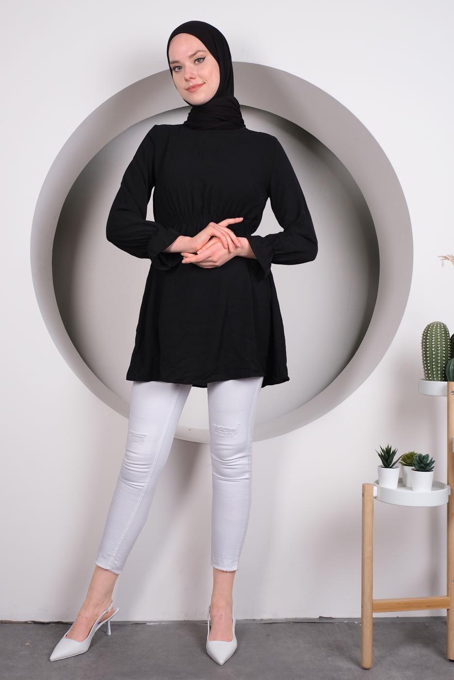 Tesettür giyim SİYAH MANŞETLERİ VOLANLI BELİ BÜZGÜLÜ TUNİK T 4120