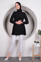 Tesettür giyim SİYAH MANŞETLERİ VOLANLI BELİ BÜZGÜLÜ TUNİK T 4120