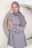 Tesettür giyim GRİ MANŞETLERİ VOLANLI BELİ BÜZGÜLÜ TUNİK T 4120