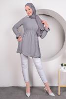 Tesettür giyim GRİ MANŞETLERİ VOLANLI BELİ BÜZGÜLÜ TUNİK T 4120