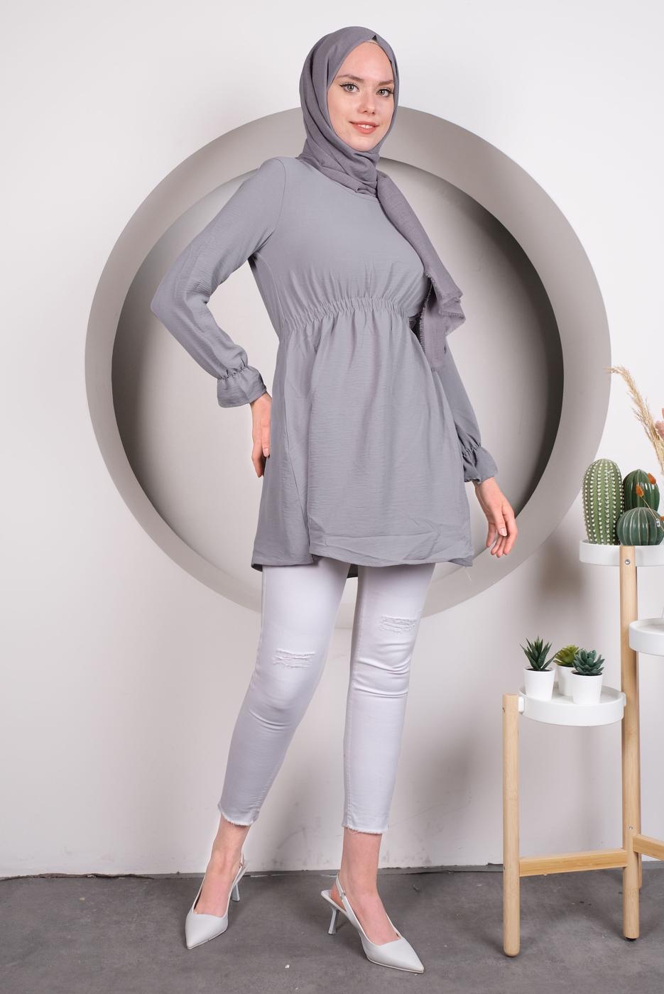 Tesettür giyim GRİ MANŞETLERİ VOLANLI BELİ BÜZGÜLÜ TUNİK T 4120
