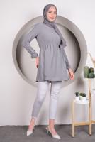 Tesettür giyim GRİ MANŞETLERİ VOLANLI BELİ BÜZGÜLÜ TUNİK T 4120