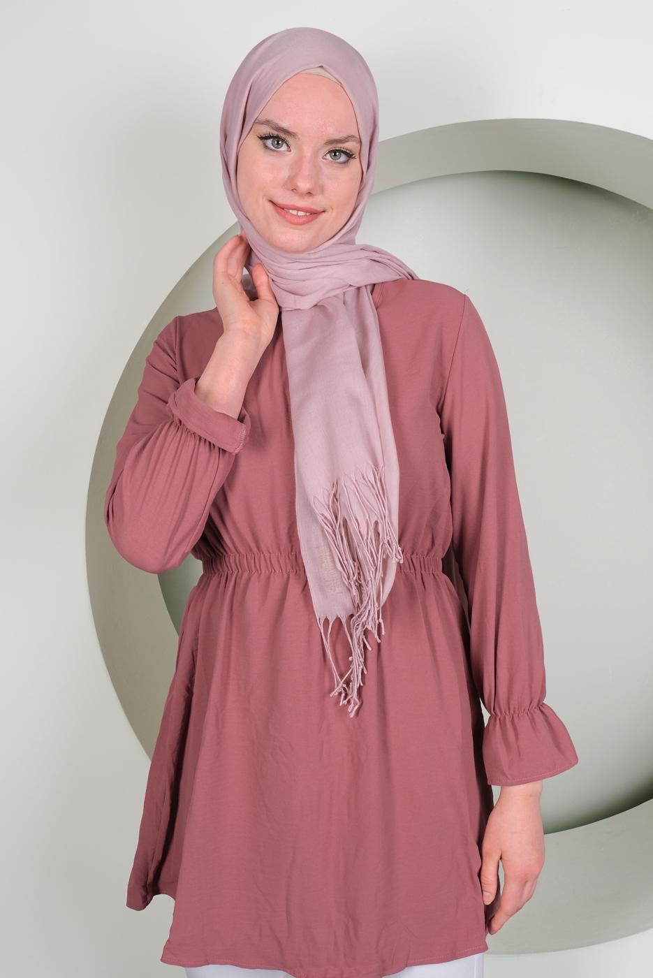 Tesettür giyim PEMBE MANŞETLERİ VOLANLI BELİ BÜZGÜLÜ TUNİK T 4120