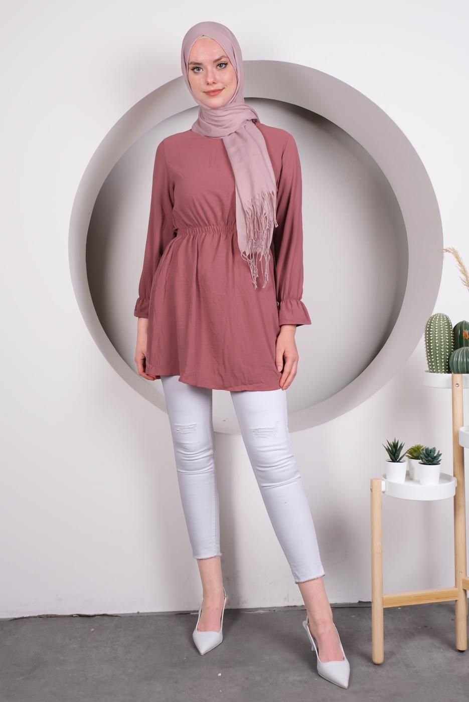 Tesettür giyim PEMBE MANŞETLERİ VOLANLI BELİ BÜZGÜLÜ TUNİK T 4120