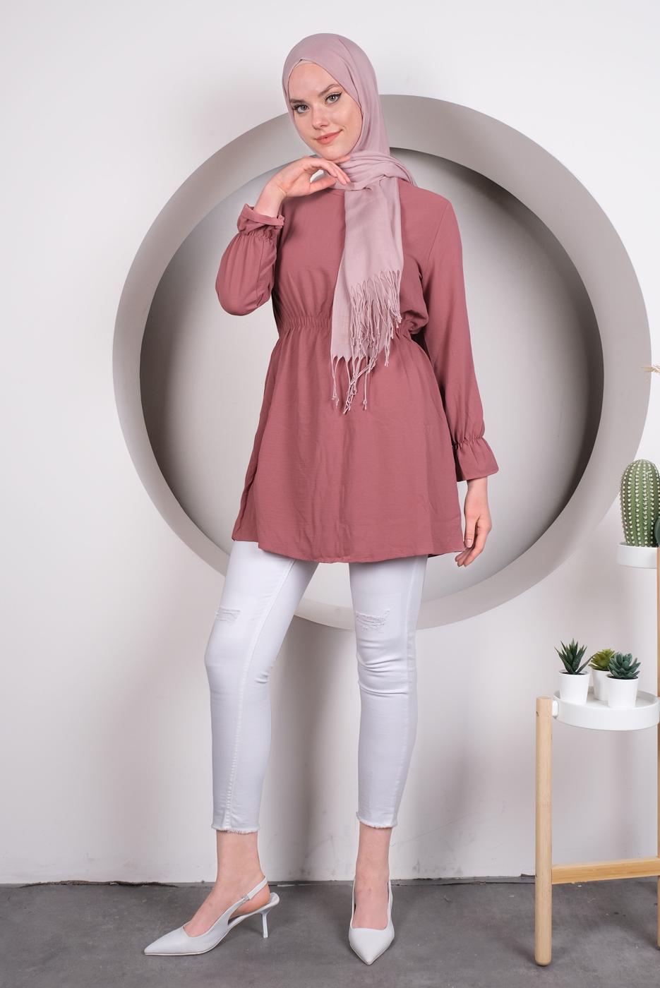 Tesettür giyim PEMBE MANŞETLERİ VOLANLI BELİ BÜZGÜLÜ TUNİK T 4120