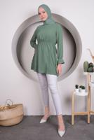 Tesettür giyim YEŞİL MANŞETLERİ VOLANLI BELİ BÜZGÜLÜ TUNİK T 4120