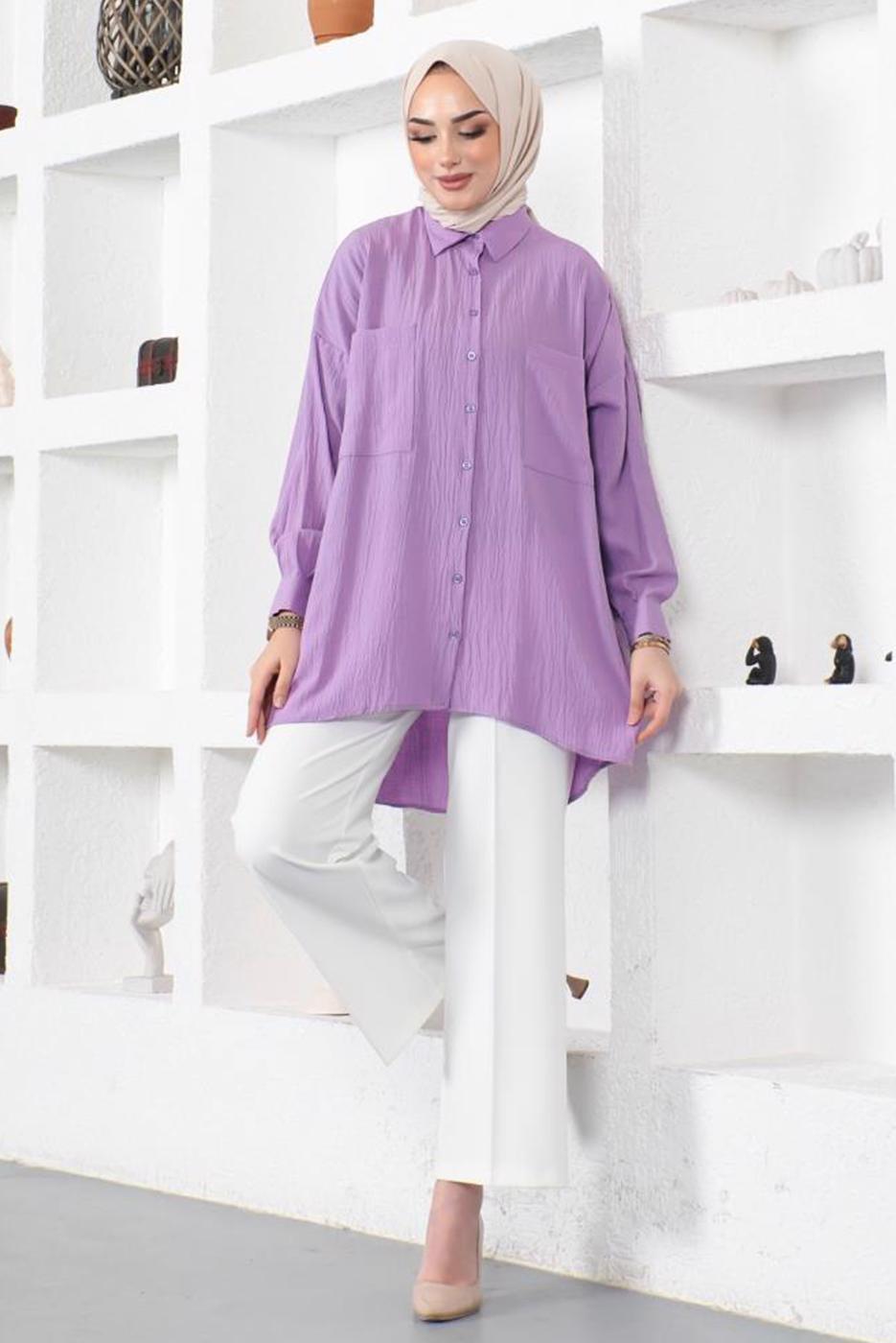 Tesettür giyim MOR CEPLİ BÜRÜMCÜK GÖMLEK TUNİK T 44516