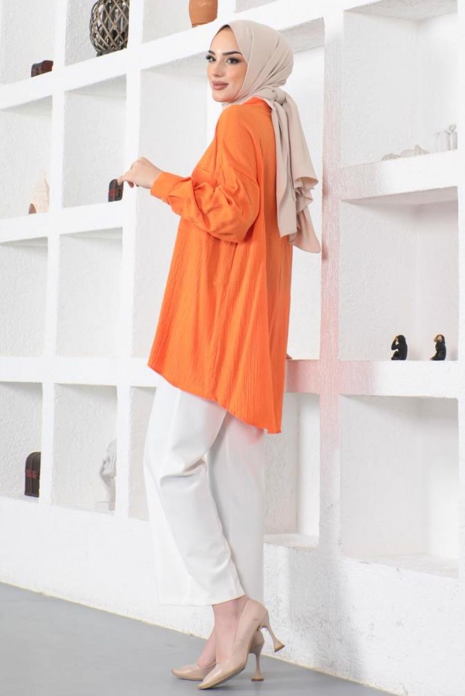 Tesettür giyim TURUNCU CEPLİ BÜRÜMCÜK GÖMLEK TUNİK T 44516